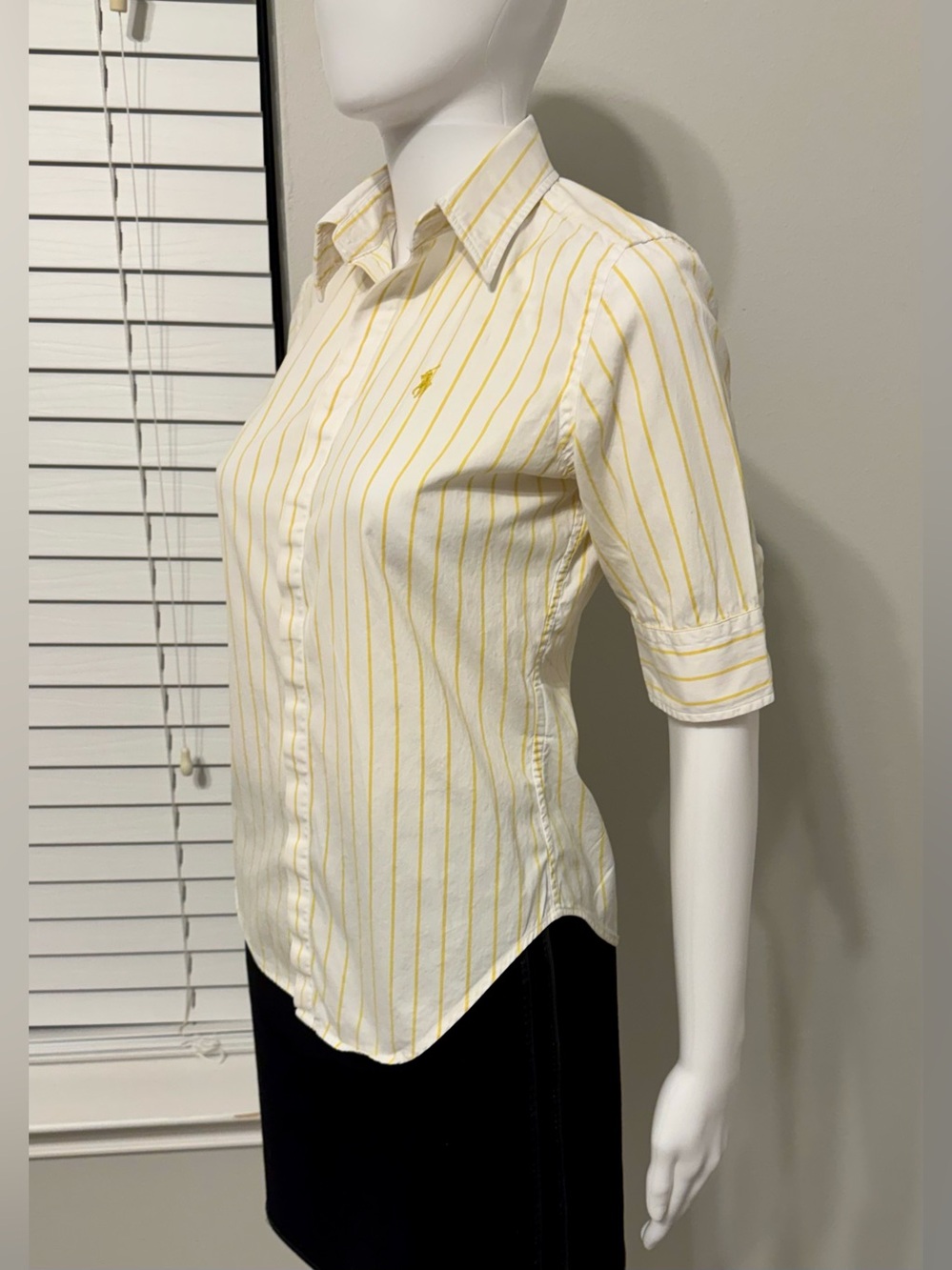 Ralph Lauren Sport, Size 2. Women's short-sleeve shirt—white with yellow stripes